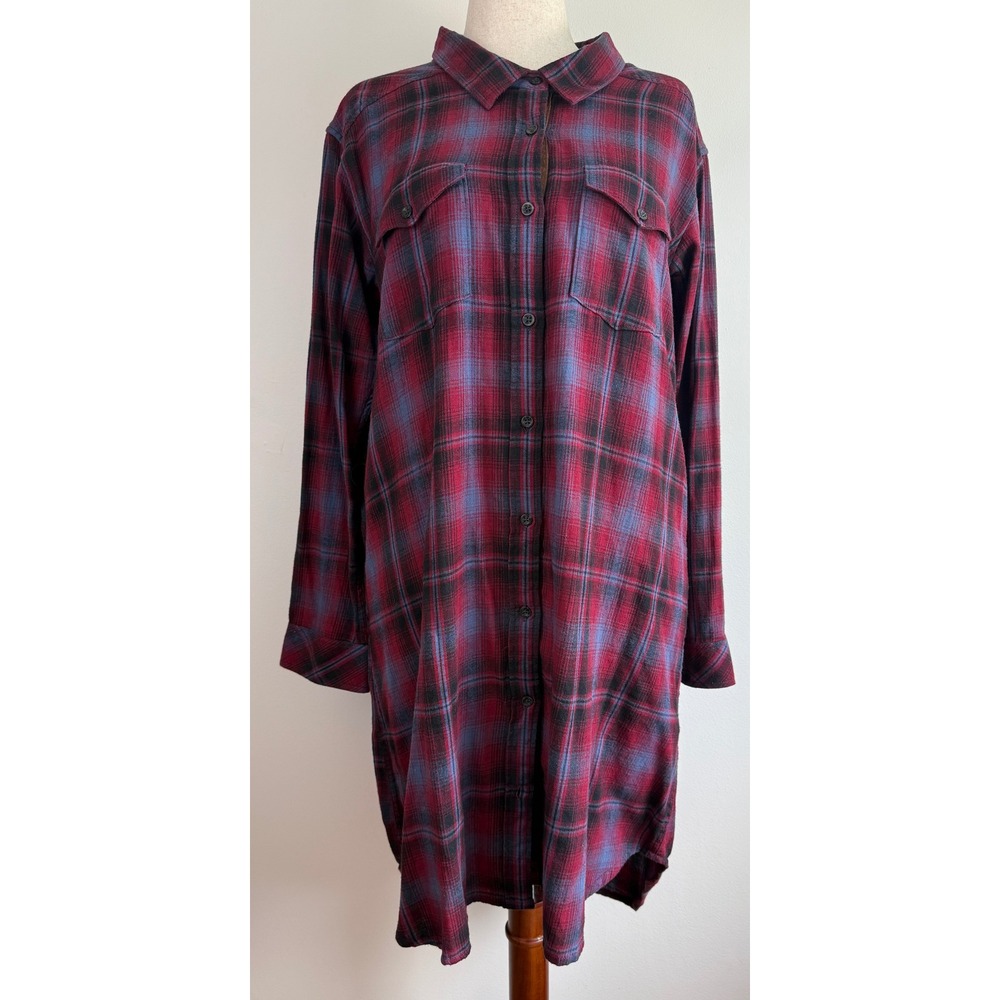 KAVU Shirt Dress Womens XXL Red Blue Plaid Flannel Button Up Elbow Patches - Picture 2 of 9